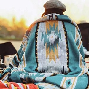 aztec patterned throw blanket with soft sherpa lining, traditional southwestern navajo tribal style warm throw for camping, outdoor, light weight cozy boho blanket for couch, sofa, bed, 60”x80”, teal