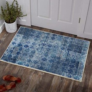 yokii navy blue geometric distressed throw rug texture 2×3 faux wool modern abstract small area rug fuzzy kitchen bathroom mat rubber backed vintage diamond low pile indoor doormat (2×3, navy blue)