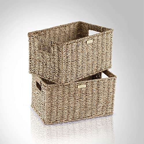 ADO Basics Seagrass Wicker Baskets for Organizing with Built-in Handles, Length 13", Width 8.3", Height 7.1", Set of 2