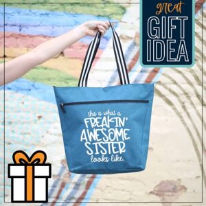 Sister Gifts - Gift from Sister, Brother - Cute Zippered Canvas Tote Bag with Pockets for Women, Little Sisters, Big Sister