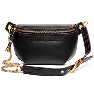 Women Chain Strap Cross-body Bags Genuine Leather Waist Bag with Zipper Closure for Daily (Black)