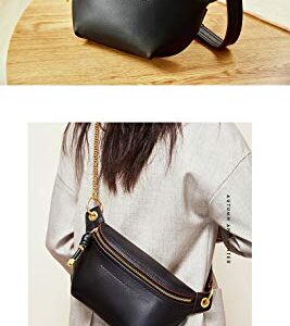 Women Chain Strap Cross-body Bags Genuine Leather Waist Bag with Zipper Closure for Daily (Black)