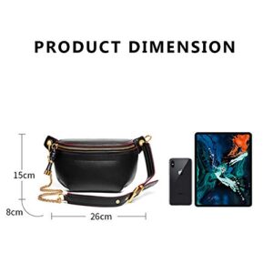 Women Chain Strap Cross-body Bags Genuine Leather Waist Bag with Zipper Closure for Daily (Black)