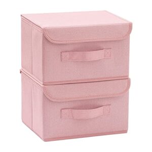 bicoy foldable storage boxes with lid 2pcs cube fabric organizer basket home bedroom closet office storage bins for clothes, toys, sundries, papers, books pink 9.8″x7.5″x5.9″