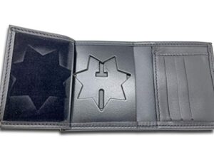 7 point star recessed badge bifold wallet, genuine leather badge 2.87 x 2.85 & id holder 2.5 x 4 credit card wallet