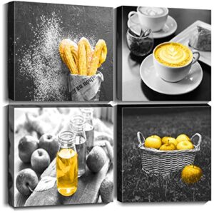 oreichar art food wall art black and white coffee bread canvas print painting yellow picture for cafe dining room restaurant kitchen decoration (12″x12″x4pcs)