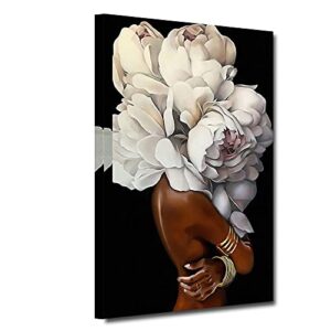 african american wall art white flower on black women head vintage canvas art paintings modern abstract girl picture home wall decor for bedroom living room framed ready to hang (white, 12x18inch)