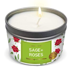 magnificent 101 sage + roses aromatherapy candle for house energy cleansing, banishes negative energy i purification and chakra healing – natural soy wax tin candle for aromatherapy 6oz