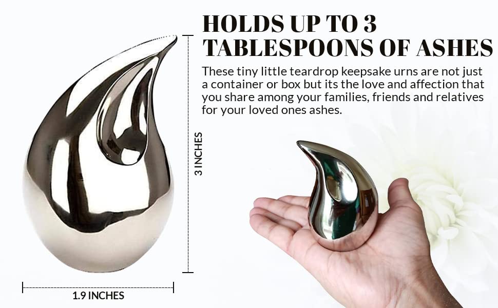 Beautiful Unique Teardrop Small Urns for Human Ashes Adult Male Female Set of 4 Decorative Cremation Keepsakes Mini Funeral Family Sharing Urns for Token Ashes with Velvet Bags Silver 3 Inch Size