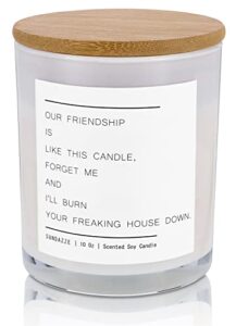 sundazze large scented “our friendship is like this” candle – 25oz, natural soy, lavender fragrance – funny best friend candle, novelty gifts for women, 70-hour burn time