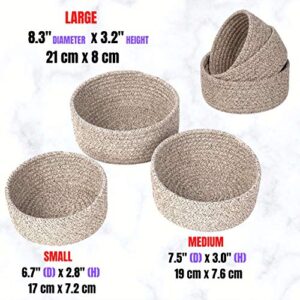 MINTWOOD Design Set of 3 Cotton Rope Nesting Bowls, Small Catch All Basket, Cute Closet Baskets and Bins for Shelves, Mini Table Basket Organizer for Small Accessories, Light Brown