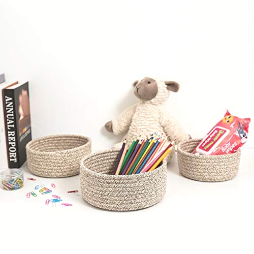 MINTWOOD Design Set of 3 Cotton Rope Nesting Bowls, Small Catch All Basket, Cute Closet Baskets and Bins for Shelves, Mini Table Basket Organizer for Small Accessories, Light Brown