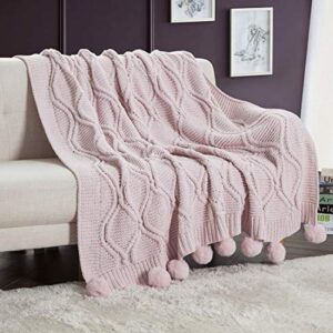 revdomfly chenille knitted throw blanket with pom poms, fuzzy & fluffy couch cover decorative knit blanket for sofa bed, 51.2″ x 63″, pink