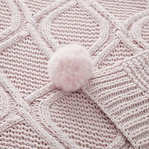 Revdomfly Chenille Knitted Throw Blanket with Pom Poms, Fuzzy & Fluffy Couch Cover Decorative Knit Blanket for Sofa Bed, 51.2" x 63", Pink