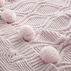 Revdomfly Chenille Knitted Throw Blanket with Pom Poms, Fuzzy & Fluffy Couch Cover Decorative Knit Blanket for Sofa Bed, 51.2" x 63", Pink