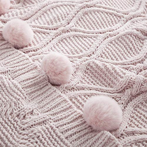 Revdomfly Chenille Knitted Throw Blanket with Pom Poms, Fuzzy & Fluffy Couch Cover Decorative Knit Blanket for Sofa Bed, 51.2" x 63", Pink