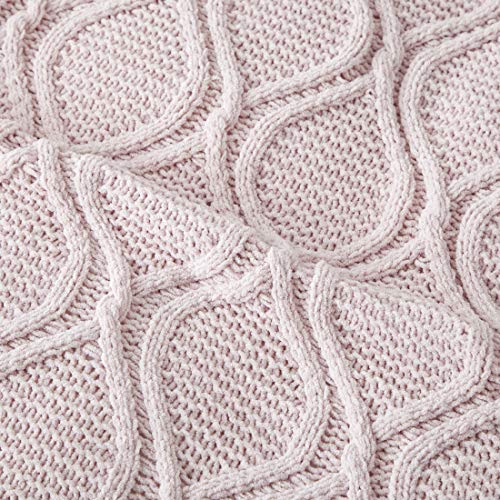 Revdomfly Chenille Knitted Throw Blanket with Pom Poms, Fuzzy & Fluffy Couch Cover Decorative Knit Blanket for Sofa Bed, 51.2" x 63", Pink