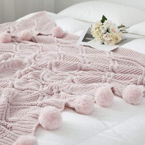 Revdomfly Chenille Knitted Throw Blanket with Pom Poms, Fuzzy & Fluffy Couch Cover Decorative Knit Blanket for Sofa Bed, 51.2" x 63", Pink