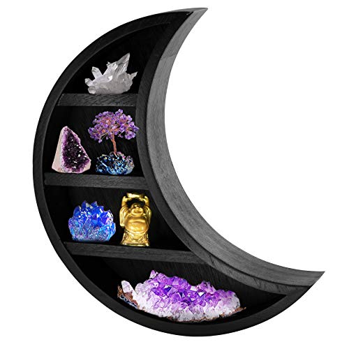 TopMoon Wooden Moon Shelf - Black Moon Decor for Bedroom, Bathroom, Living Room - Hanging Crescent Moon Shelf for Crystals, Stone Display - Moon Shaped Wall Decor for Essential Oil, Perfume - 14"x12"