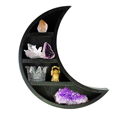 TopMoon Wooden Moon Shelf - Black Moon Decor for Bedroom, Bathroom, Living Room - Hanging Crescent Moon Shelf for Crystals, Stone Display - Moon Shaped Wall Decor for Essential Oil, Perfume - 14"x12"