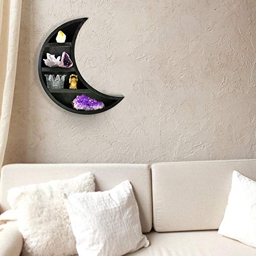 TopMoon Wooden Moon Shelf - Black Moon Decor for Bedroom, Bathroom, Living Room - Hanging Crescent Moon Shelf for Crystals, Stone Display - Moon Shaped Wall Decor for Essential Oil, Perfume - 14"x12"