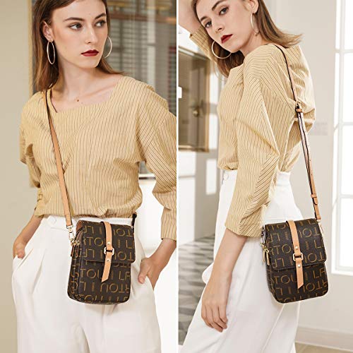 LAORENTOU Vegan Leather Small Crossbody Bags for Women Monogram Shoulder Bags, Leather Checkered Purse Mini Crossbody Cell Phone Bags (01 Brown)