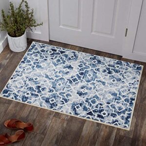 yokii blue geometric distressed throw rug texture 2×3 faux wool modern abstract small fuzzy area rug kitchen bathroom mat rubber backed contemporary quatrefoil low pile indoor doormat (2×3, blue)