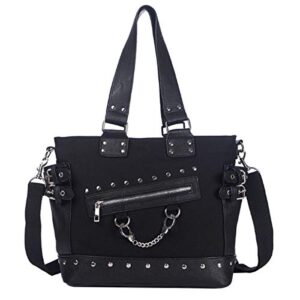 rainbosee women punk rivet handbag purse canvas tote shoulder crossbody bag large capacity satchel black