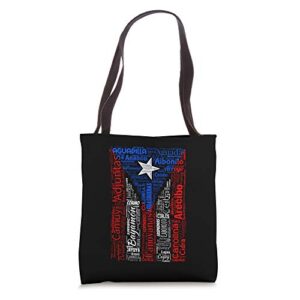puerto rican flag shirt with towns and cities of puerto rico tote bag