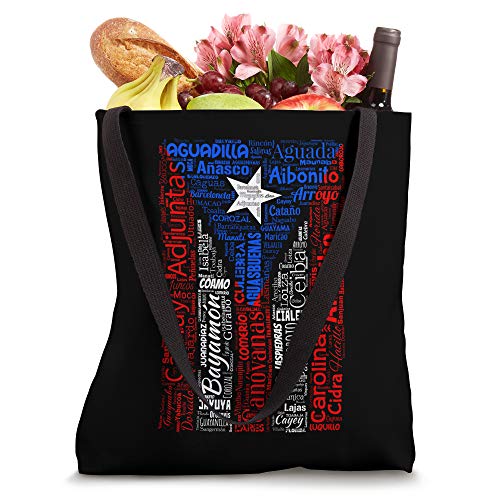 Puerto Rican Flag Shirt with Towns and Cities of Puerto Rico Tote Bag