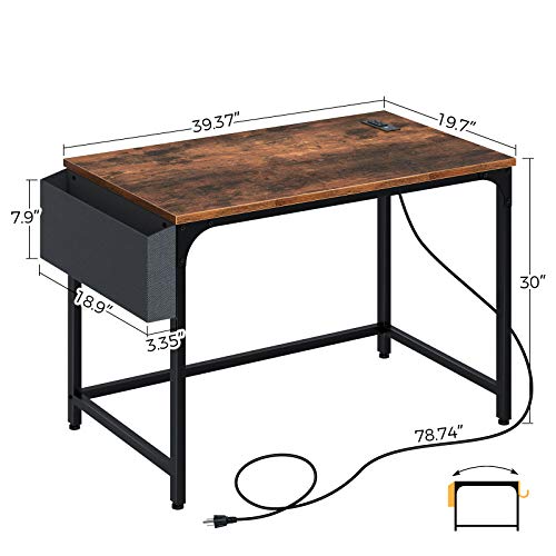 Rolanstar Computer Desk with Power Outlet, Home Office PC Desk with USB Ports Charging Station, 39" Desktop Table with Side Storage Bag and Iron Hooks, Stable Metal Frame Workstation, Rustic Brown