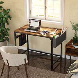 Rolanstar Computer Desk with Power Outlet, Home Office PC Desk with USB Ports Charging Station, 39" Desktop Table with Side Storage Bag and Iron Hooks, Stable Metal Frame Workstation, Rustic Brown