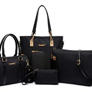 RainboSee Women Handbag and Purse 6Pcs Tote Satchel Top Handle Crossbody Shoulder Bag Clutch Wallet Key Case Black
