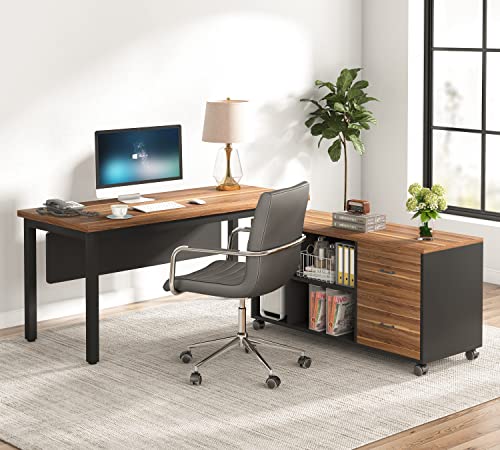 Tribesigns L-Shaped Computer Desk with Storage Drawers Cabinet Set, Large Executive Office Desk with Shelves, Industrial Business Furniture Workstation for Home Office