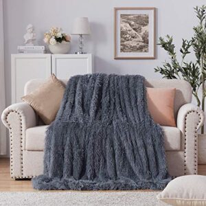 nexhome soft shaggy faux fur blanket throw blanket 50″ x 60″, solid reversible fluffy cozy comfy microfiber long faux fur decorative blankets for sofa couch bed chair photo props,light gray