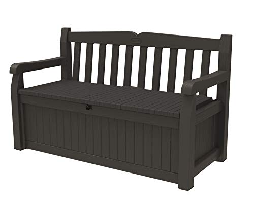 Keter Solana 70 Gallon Storage Bench Deck Box for Patio Furniture, Front Porch Decor and Outdoor Seating – Perfect to Store Garden Tools and Pool Toys, Brown