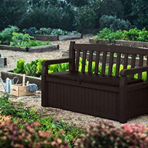 Keter Solana 70 Gallon Storage Bench Deck Box for Patio Furniture, Front Porch Decor and Outdoor Seating – Perfect to Store Garden Tools and Pool Toys, Brown