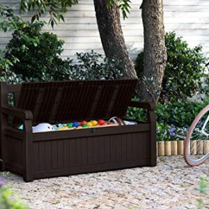 Keter Solana 70 Gallon Storage Bench Deck Box for Patio Furniture, Front Porch Decor and Outdoor Seating – Perfect to Store Garden Tools and Pool Toys, Brown