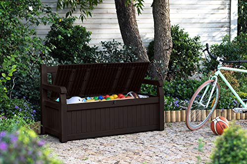 Keter Solana 70 Gallon Storage Bench Deck Box for Patio Furniture, Front Porch Decor and Outdoor Seating – Perfect to Store Garden Tools and Pool Toys, Brown