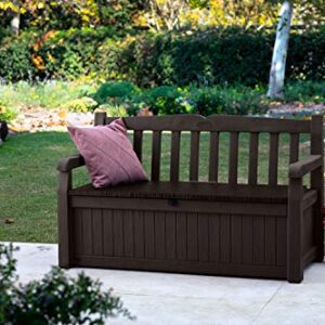 Keter Solana 70 Gallon Storage Bench Deck Box for Patio Furniture, Front Porch Decor and Outdoor Seating – Perfect to Store Garden Tools and Pool Toys, Brown