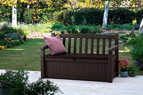 Keter Solana 70 Gallon Storage Bench Deck Box for Patio Furniture, Front Porch Decor and Outdoor Seating – Perfect to Store Garden Tools and Pool Toys, Brown