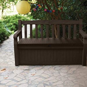 Keter Solana 70 Gallon Storage Bench Deck Box for Patio Furniture, Front Porch Decor and Outdoor Seating – Perfect to Store Garden Tools and Pool Toys, Brown