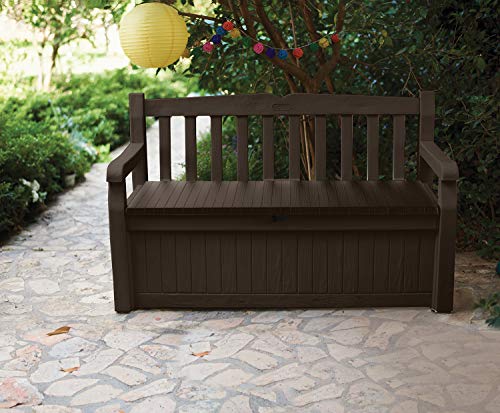 Keter Solana 70 Gallon Storage Bench Deck Box for Patio Furniture, Front Porch Decor and Outdoor Seating – Perfect to Store Garden Tools and Pool Toys, Brown