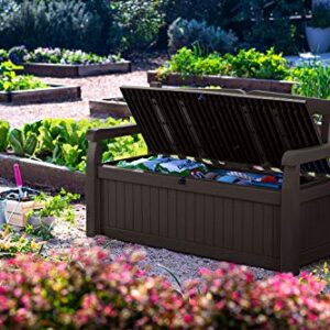 Keter Solana 70 Gallon Storage Bench Deck Box for Patio Furniture, Front Porch Decor and Outdoor Seating – Perfect to Store Garden Tools and Pool Toys, Brown