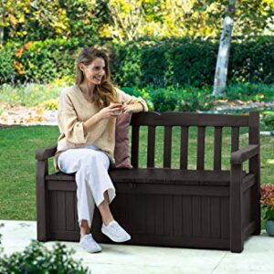 Keter Solana 70 Gallon Storage Bench Deck Box for Patio Furniture, Front Porch Decor and Outdoor Seating – Perfect to Store Garden Tools and Pool Toys, Brown