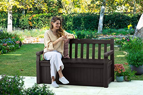 Keter Solana 70 Gallon Storage Bench Deck Box for Patio Furniture, Front Porch Decor and Outdoor Seating – Perfect to Store Garden Tools and Pool Toys, Brown