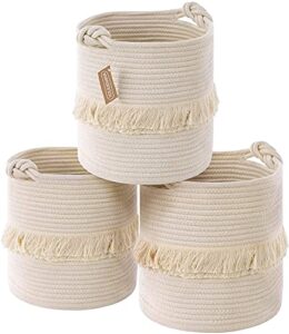woven cotton rope farmhouse storage basket – 3 pack 11 inches round cube decorative organizer bins with cute handles for dog toy, clothes – baby girls boys nursery decor
