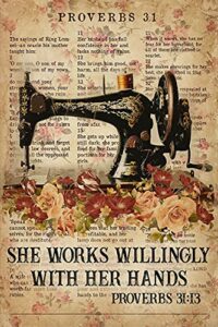 sewing she works willingly with her hands poster vintage metal sign for wall poster for home kitchen bar coffee shop 8x12inch
