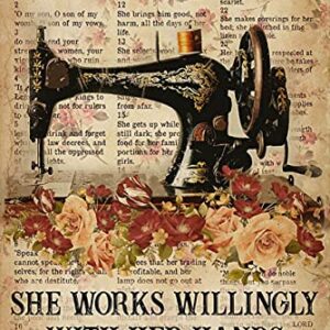 Sewing She Works Willingly with Her Hands Poster Vintage Metal Sign for Wall Poster for Home Kitchen Bar Coffee Shop 8x12inch
