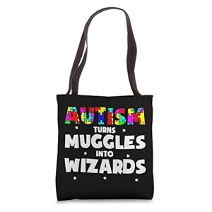 autism turns muggles into wizards kids autism sister boys tote bag